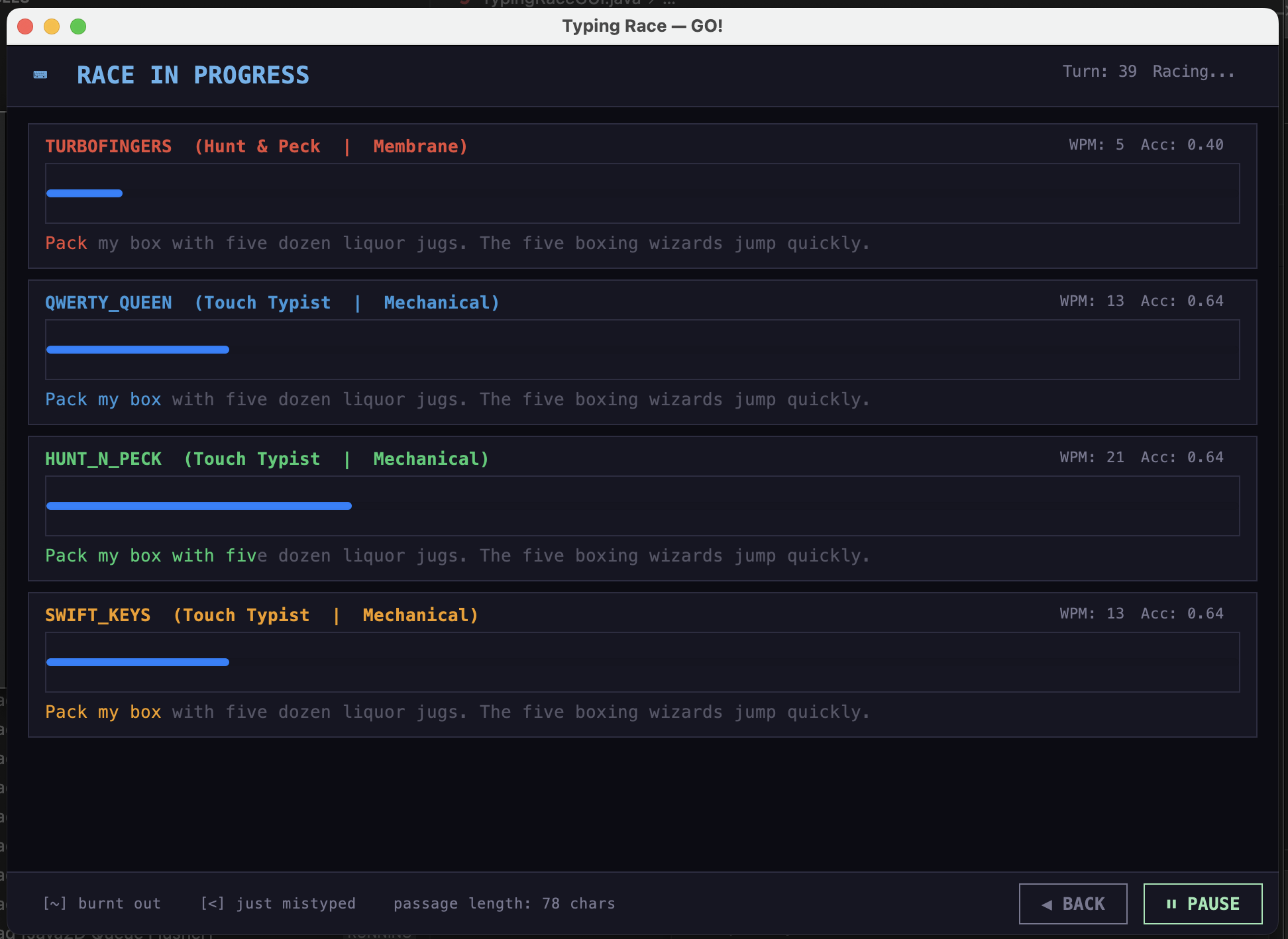 Typing race simulator - race in progress