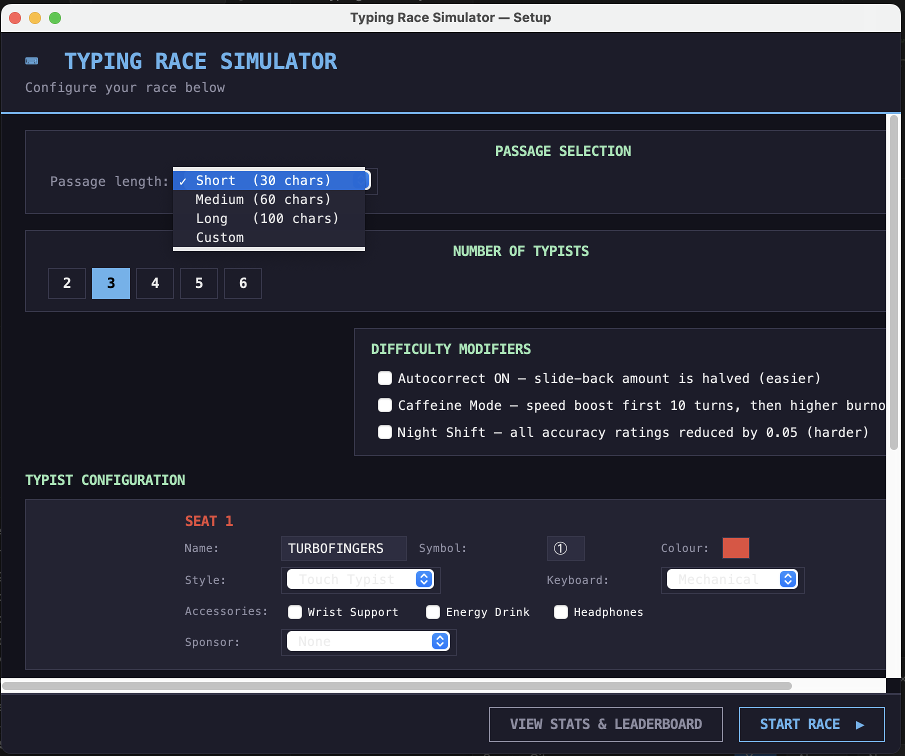Typing race simulator - setup screen